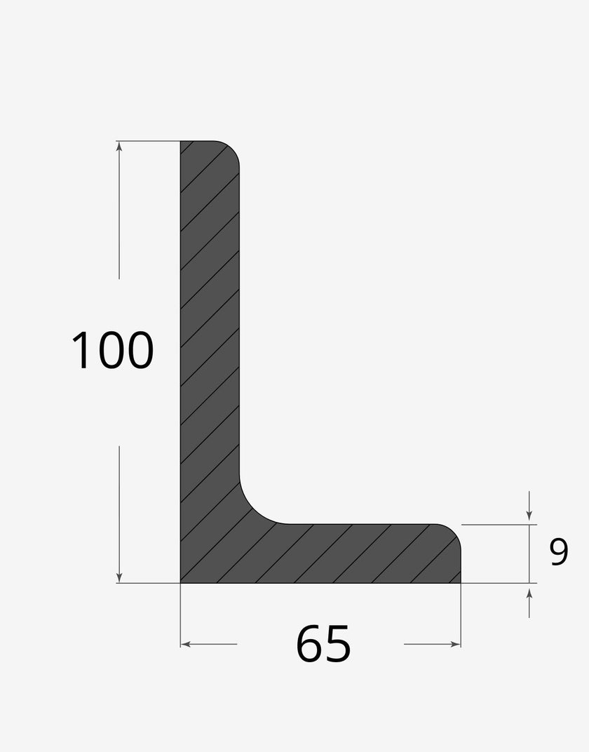 Profilo materiale ferro - elle a spigoli tondi 100x65 - 9mm